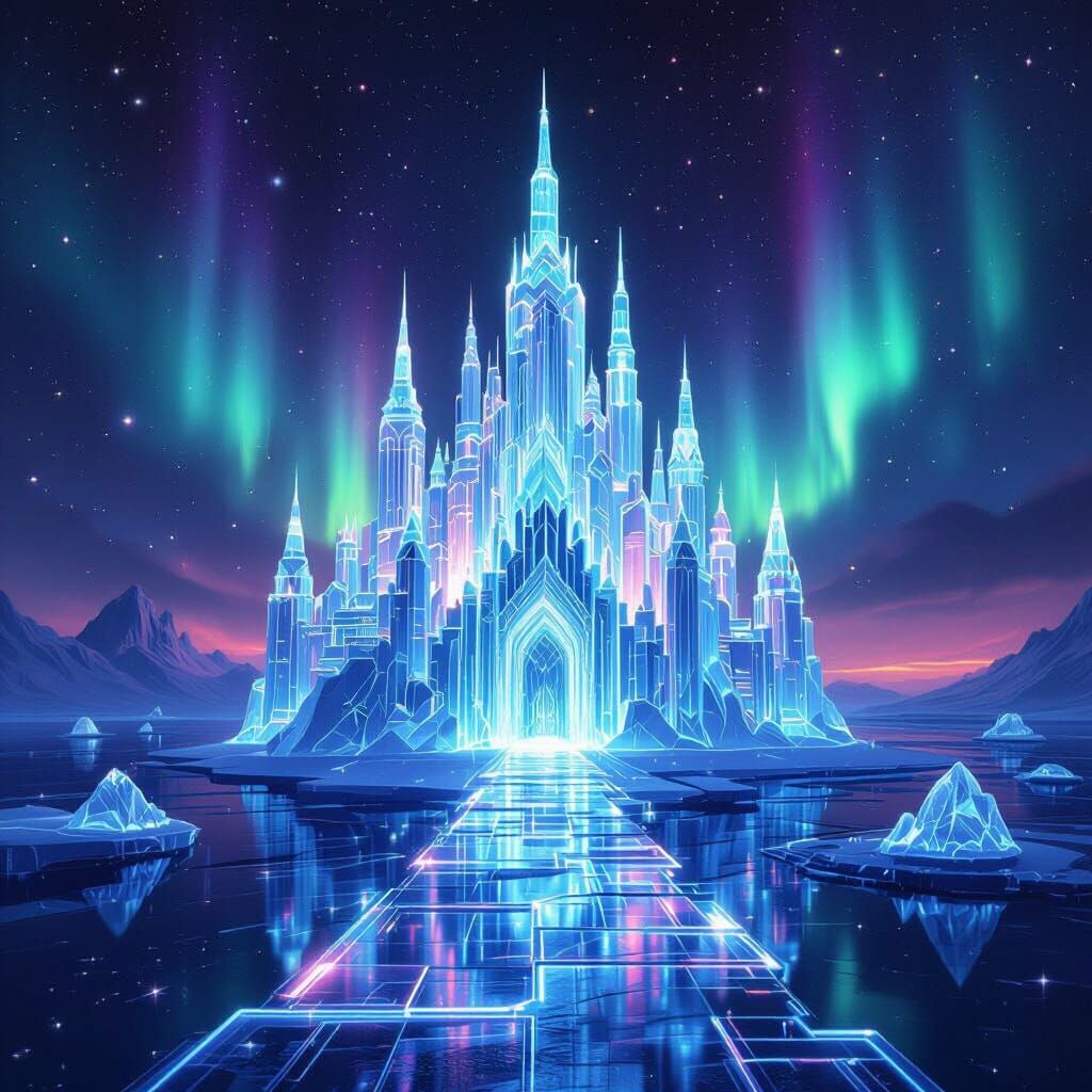 Crystalline Ice Castle in Neon Nebula Sky