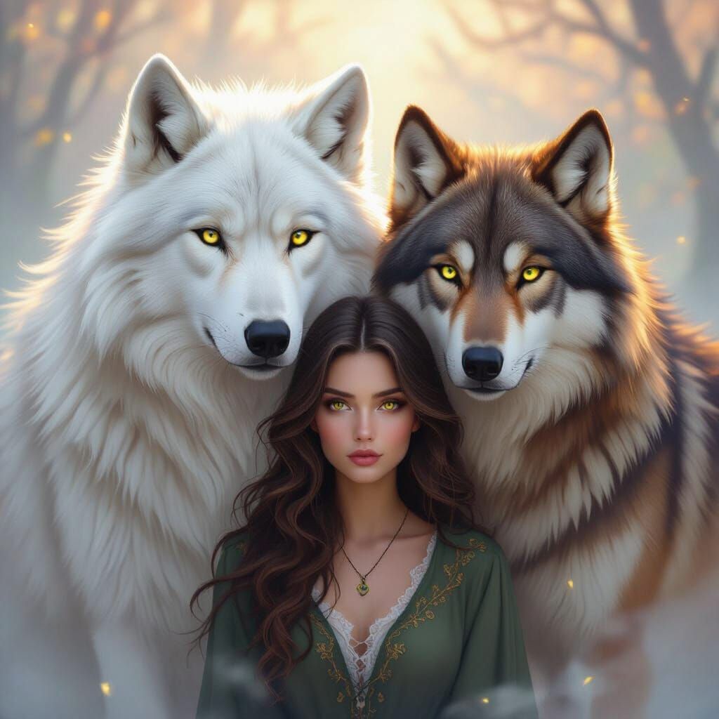 Woman With Wolves in Ethereal Mist