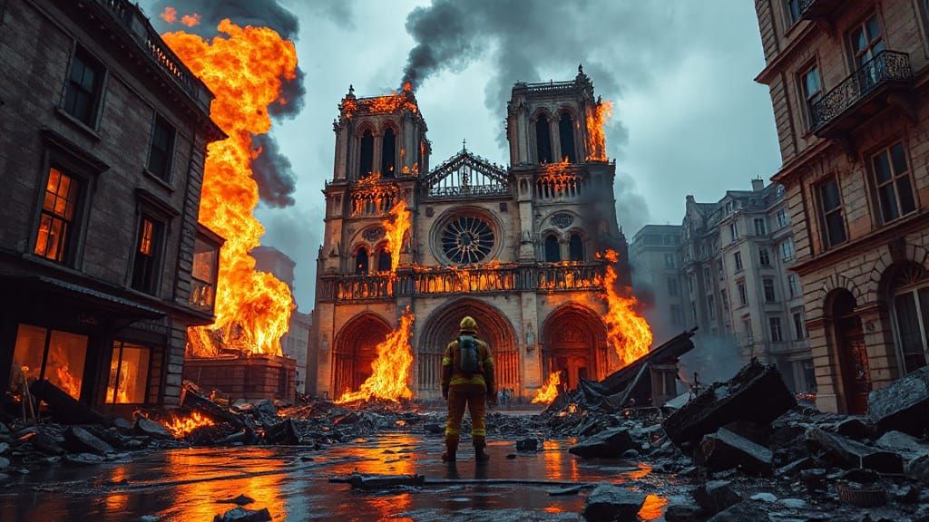 Notre Dame Cathedral Burning: Photorealistic Post-Apocalypti...