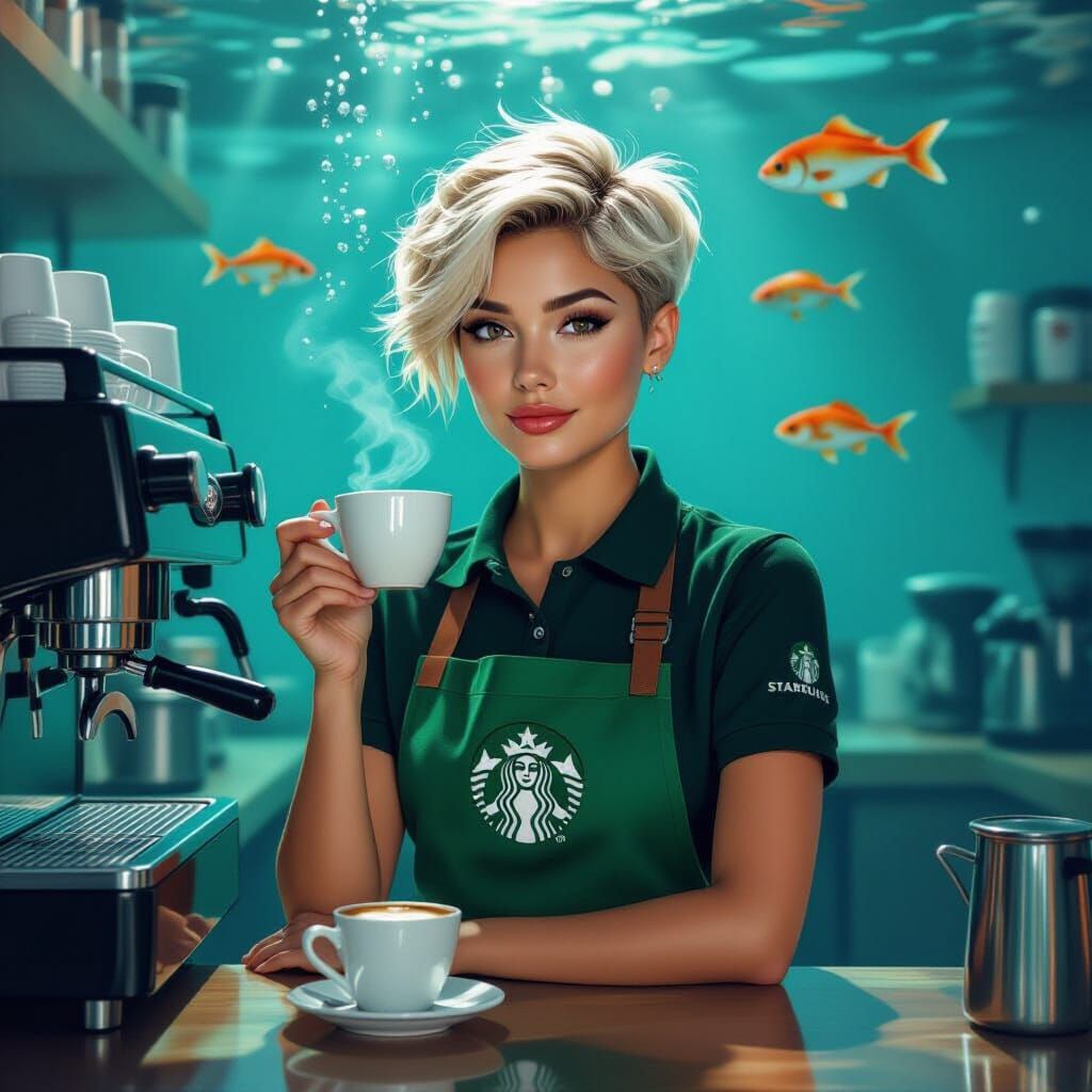 Underwater Starbucks Barista in Realistic Style