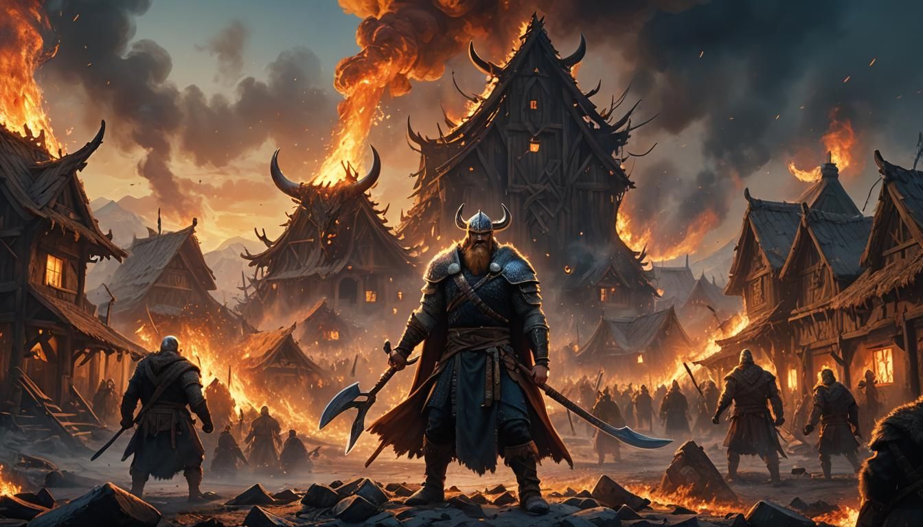 Viking Warrior Triumphant in Burning Village: Fantasy Art
