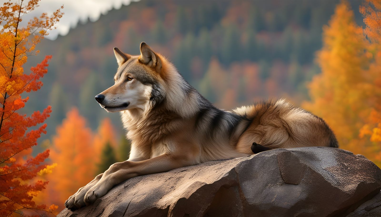 Wolf on Rock in Autumn Mountain Scenery