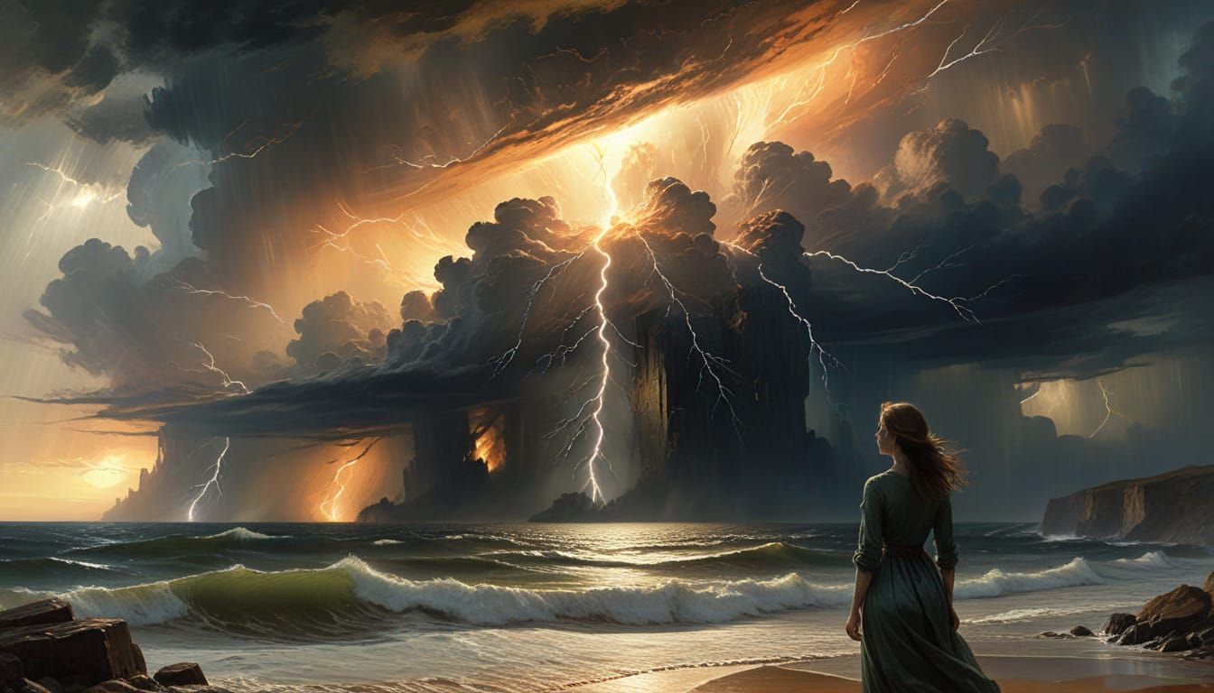 Woman Surrounded by Majestic Stormy Skies in Warm Sunlight