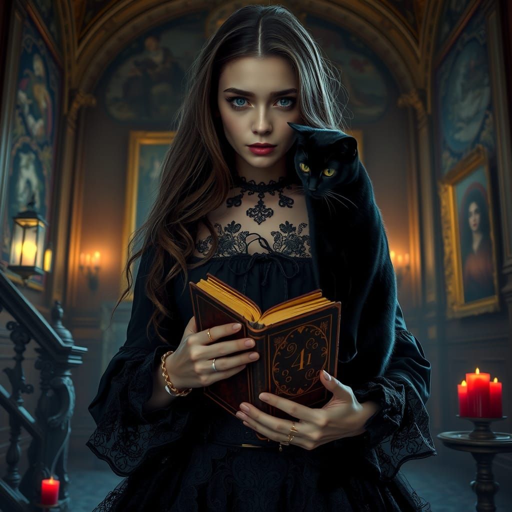 Victorian Witch with Black Cat in Gothic Home