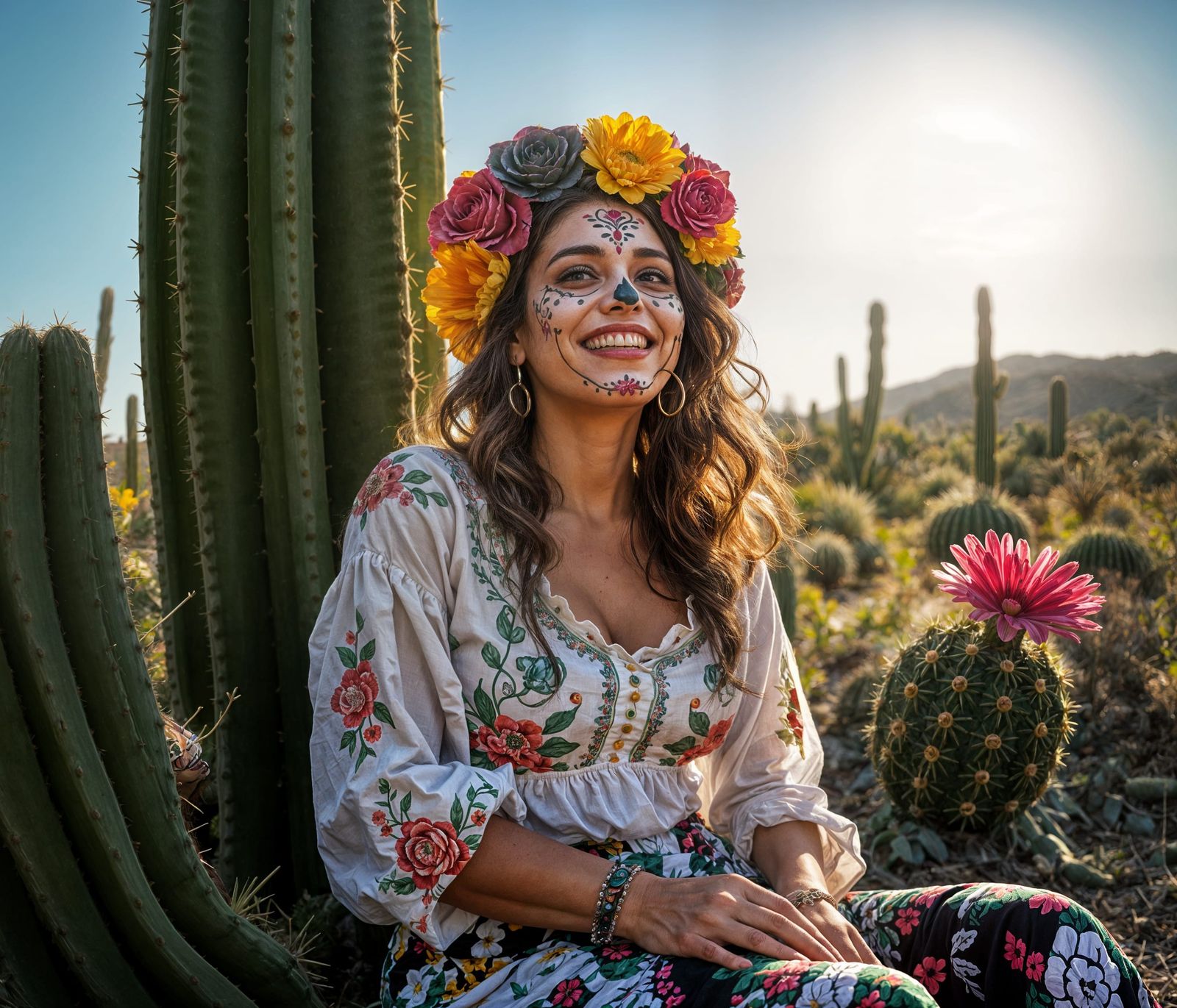 Day of the Dead Woman Laughing in Cactus