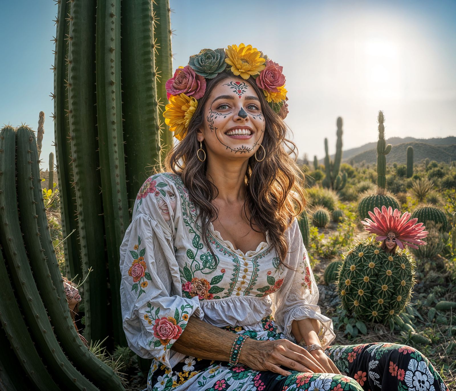 Day of the Dead Woman Laughing in Cactus