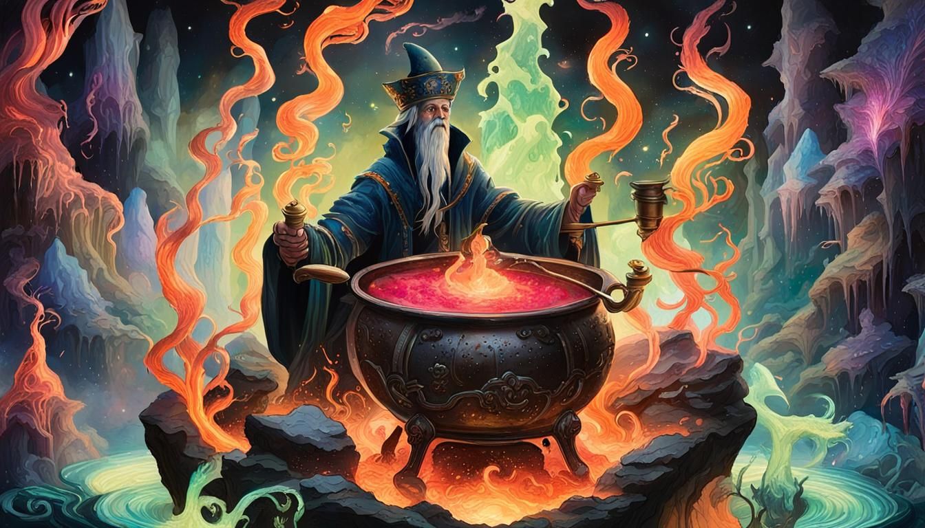 Sorcerer With Owl and Cauldron in Alcohol Ink Style