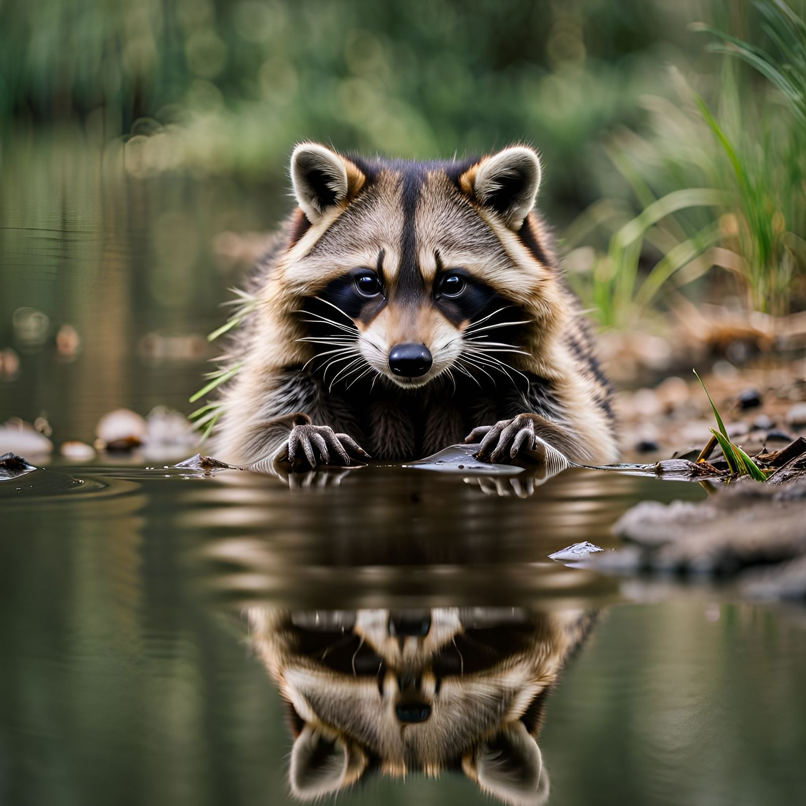 Adorable Raccoon Washing Paws in Creek, Detailed Photo