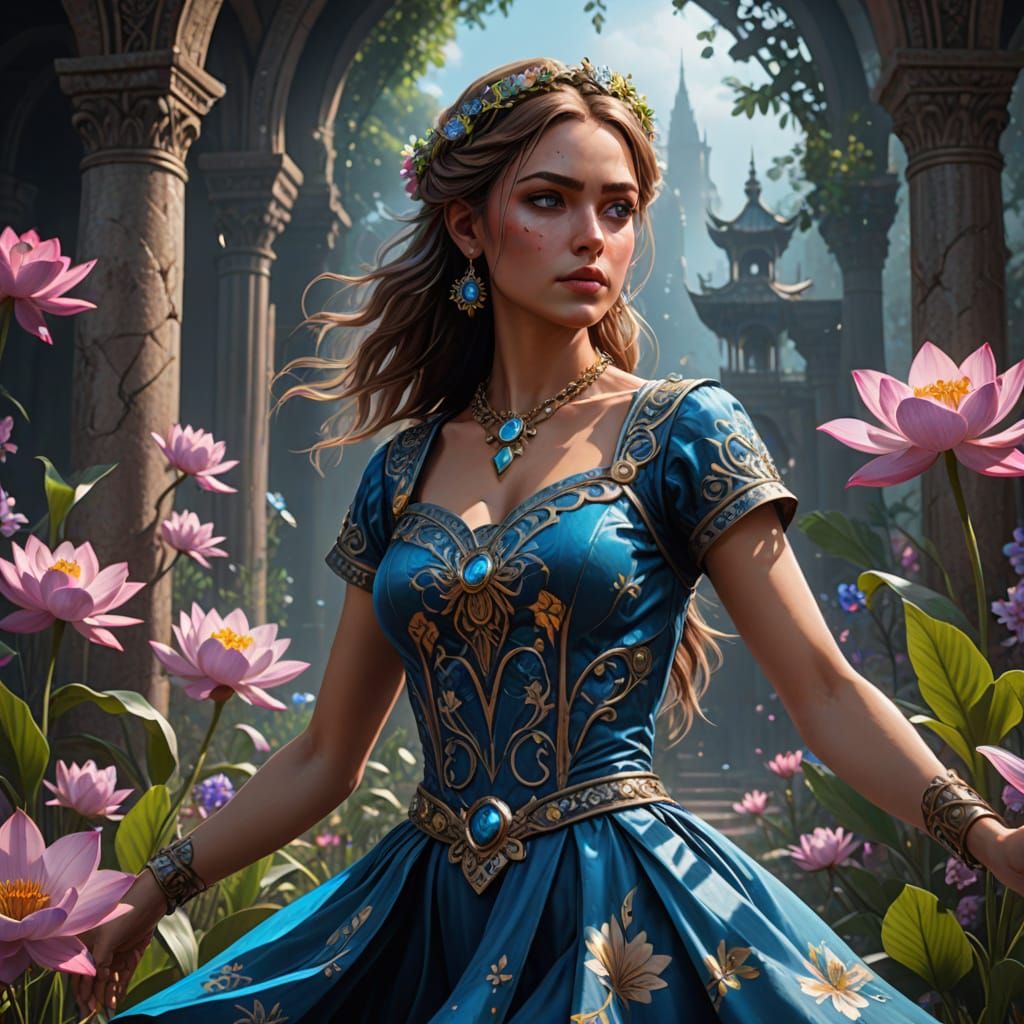 Rebellious Woman Dancing in Flowers: Luminism Style