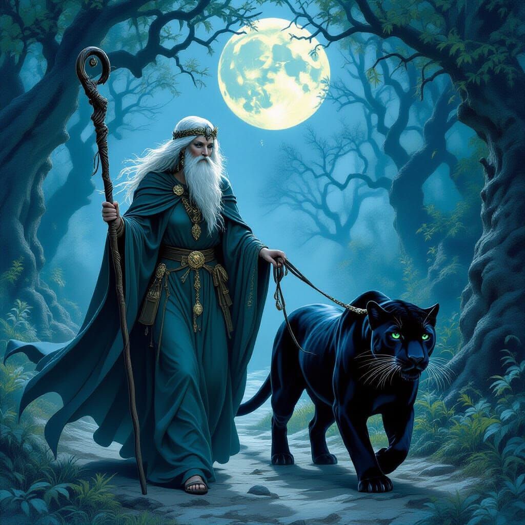 Elderly Hecate Walks with Jaguar in Moonlit Forest