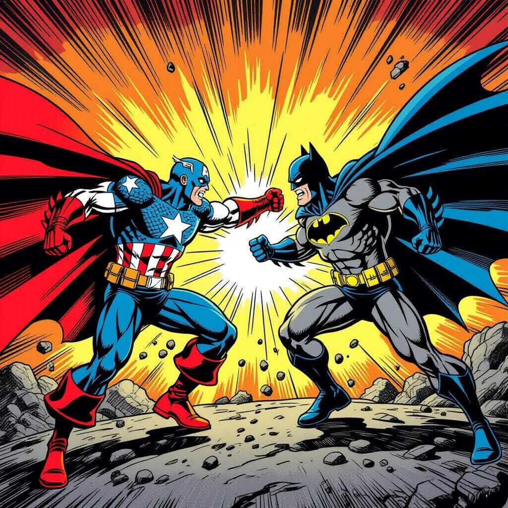 Captain America Defeats Batman in Retro Comic Style