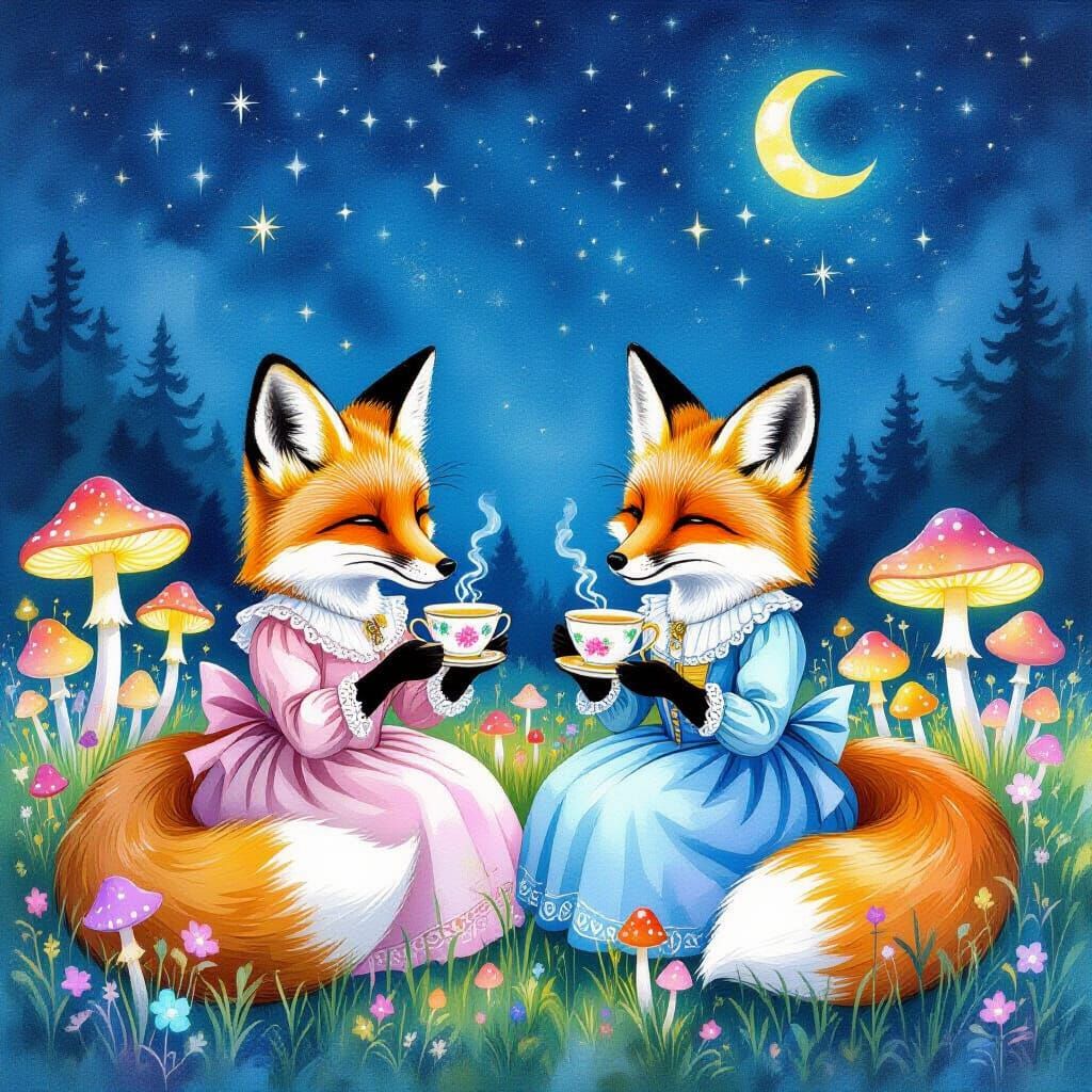 Victorian Foxes' Tea Party Under Bioluminescent Stars
