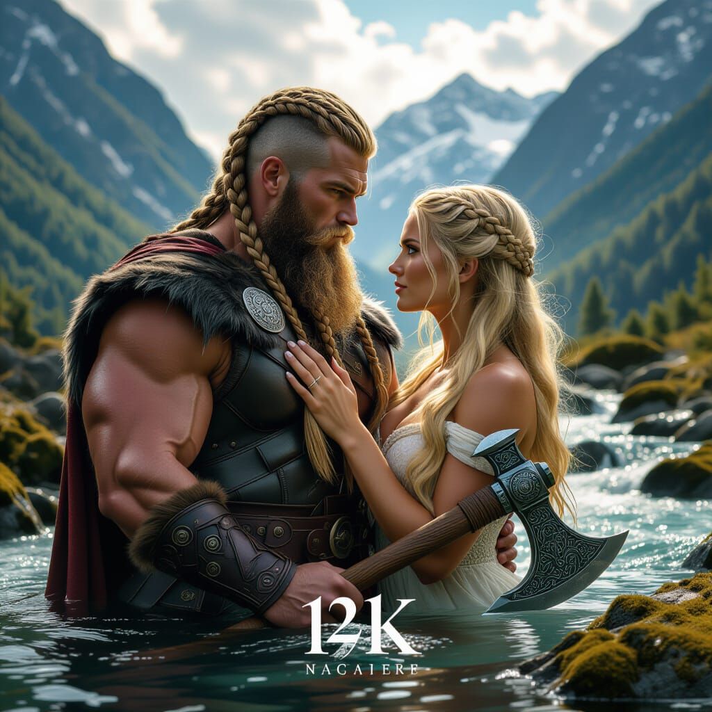 Viking Warrior and Lover Embrace in Ethereal Landscape
