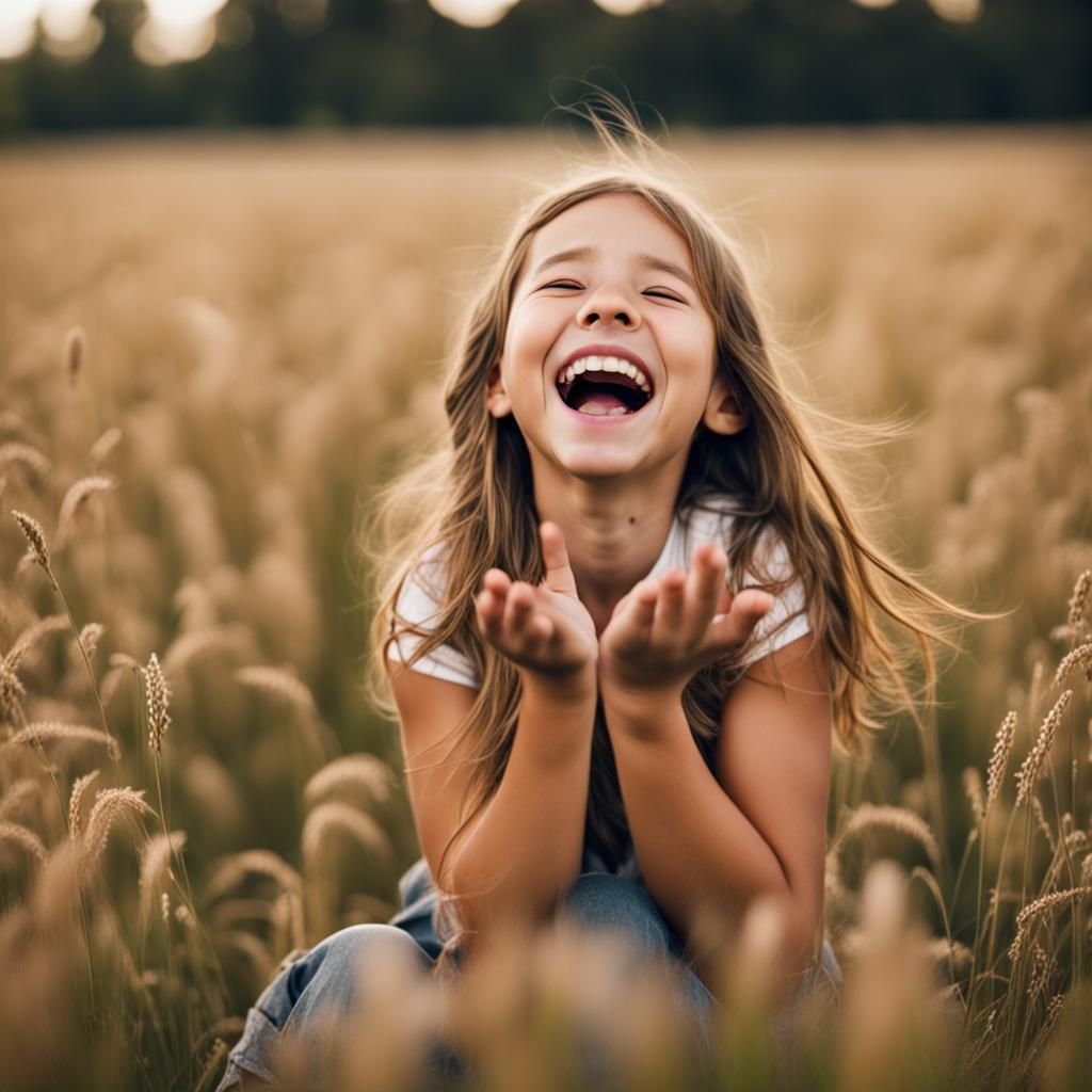 Laughing Girl in Golden Grain Field