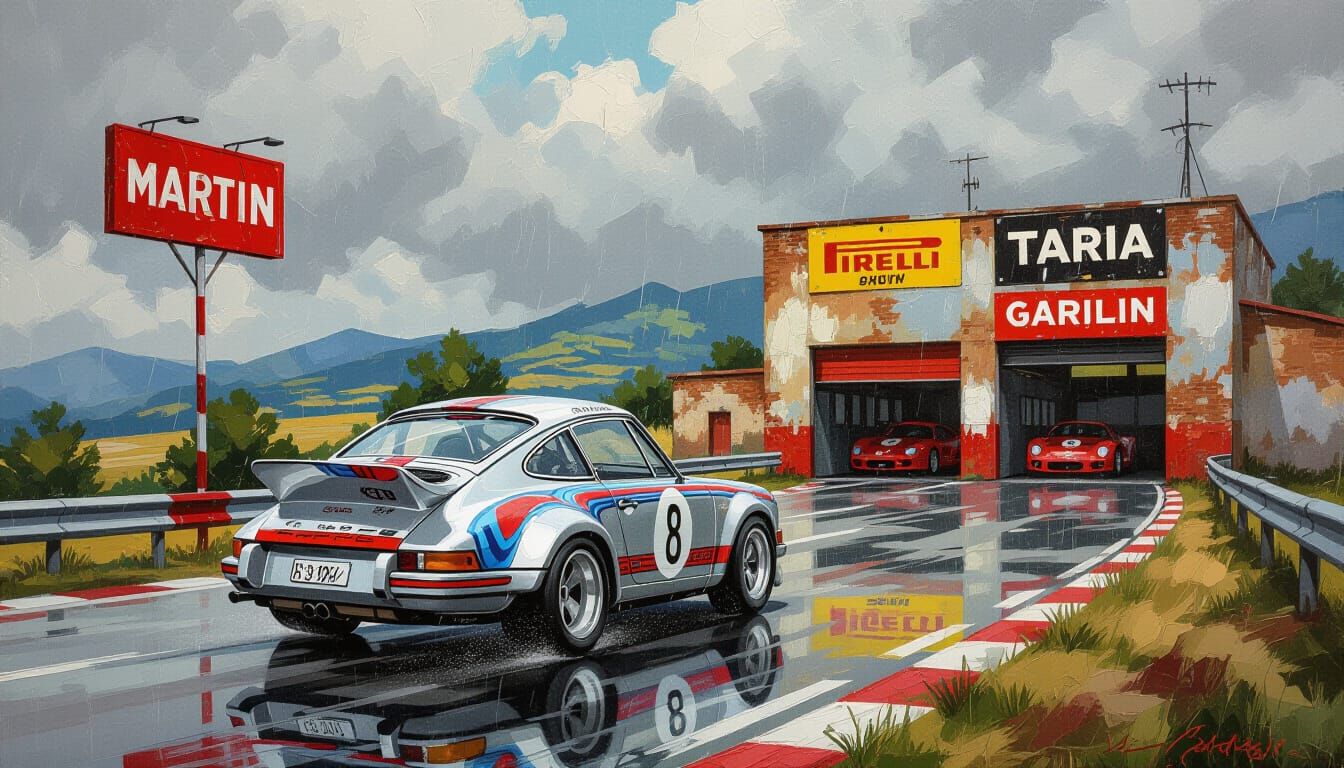 Martini Porsche 911 Carrera RSR on Rainy Sicilian Highway