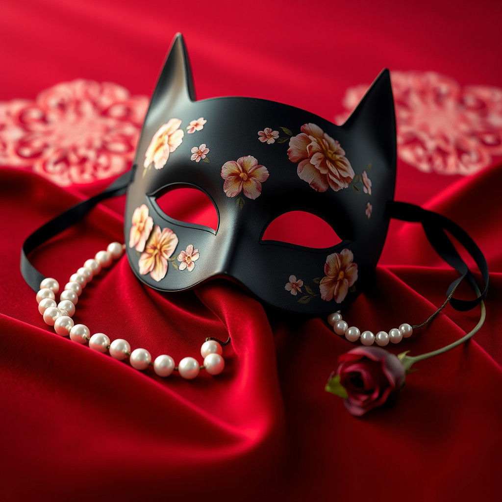 Floral Batman Mask on Velvet, Realistic 3D Render