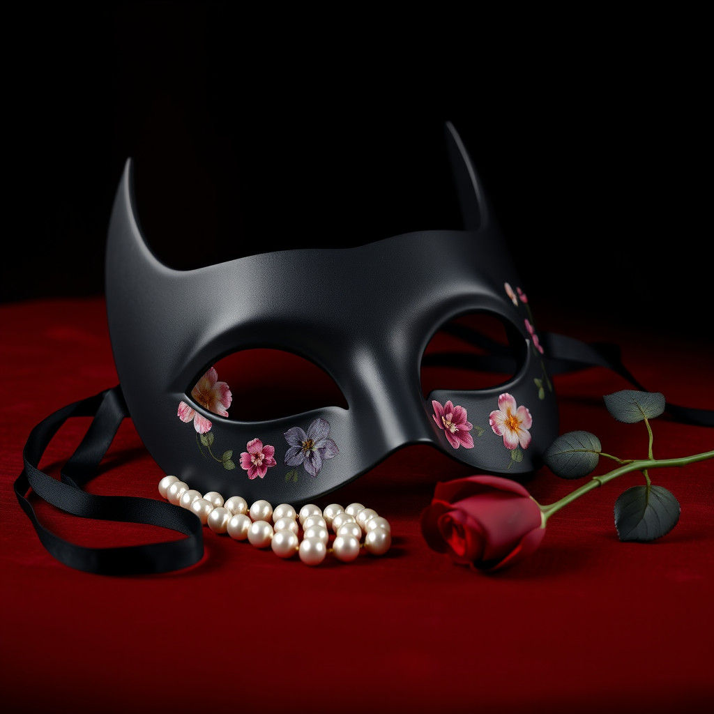 Floral Batman Mask on Red Velvet in 3D Rendering