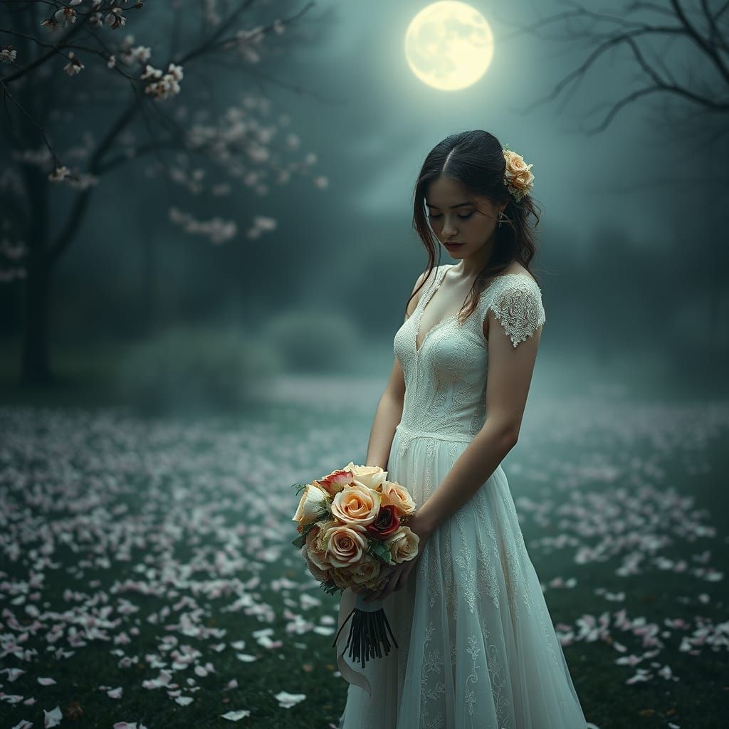 Sorrowful Bride Lost in Moonlit Garden