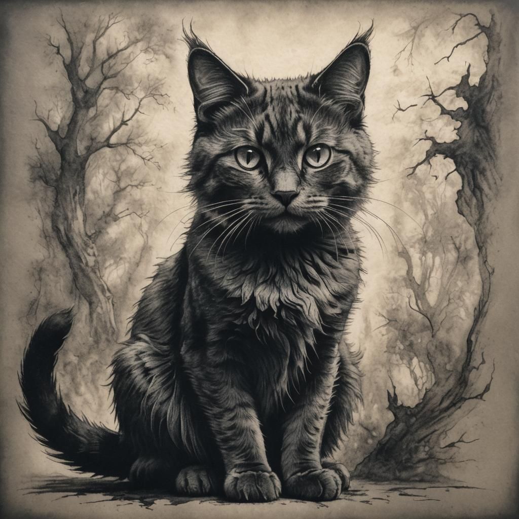 Magic Cat Silhouette in Charcoal Drawing