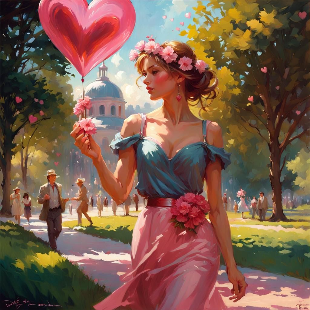 Woman with Flowers in Hair in Sunny Park