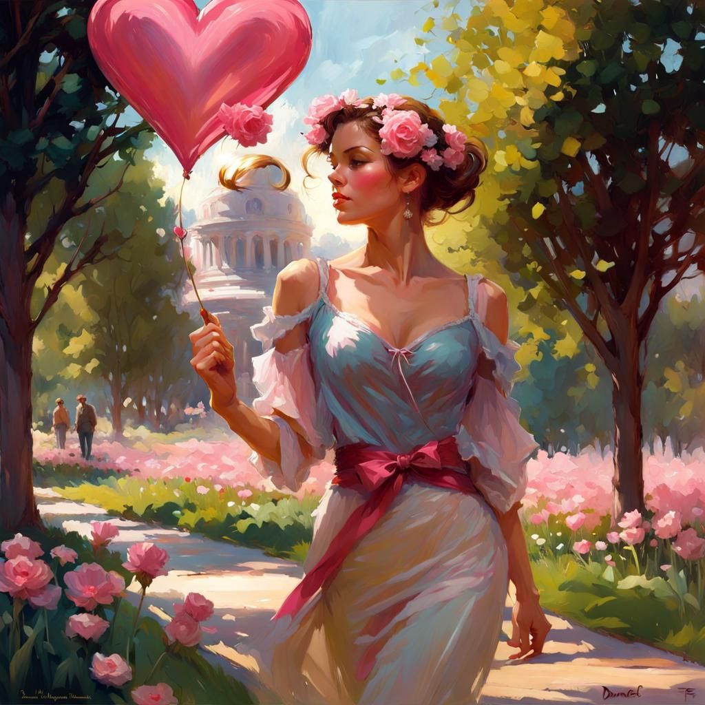 Woman With Flowers Holding Heart Digital Illustration
