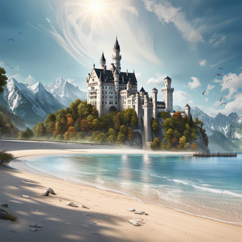 Neuschwanstein Castle on a Beach, Photorealistic Image