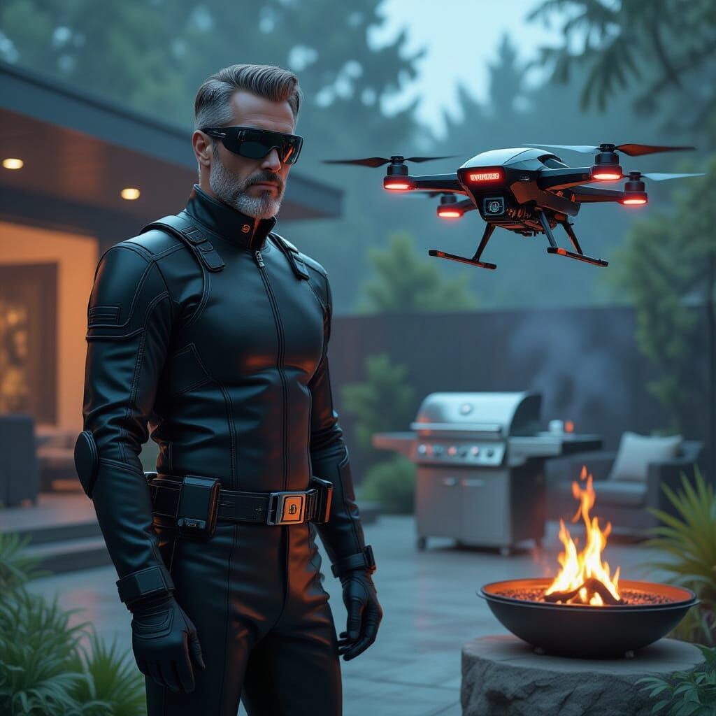 Futuristic Dad with Cyber Toolbelt and BBQ Drone