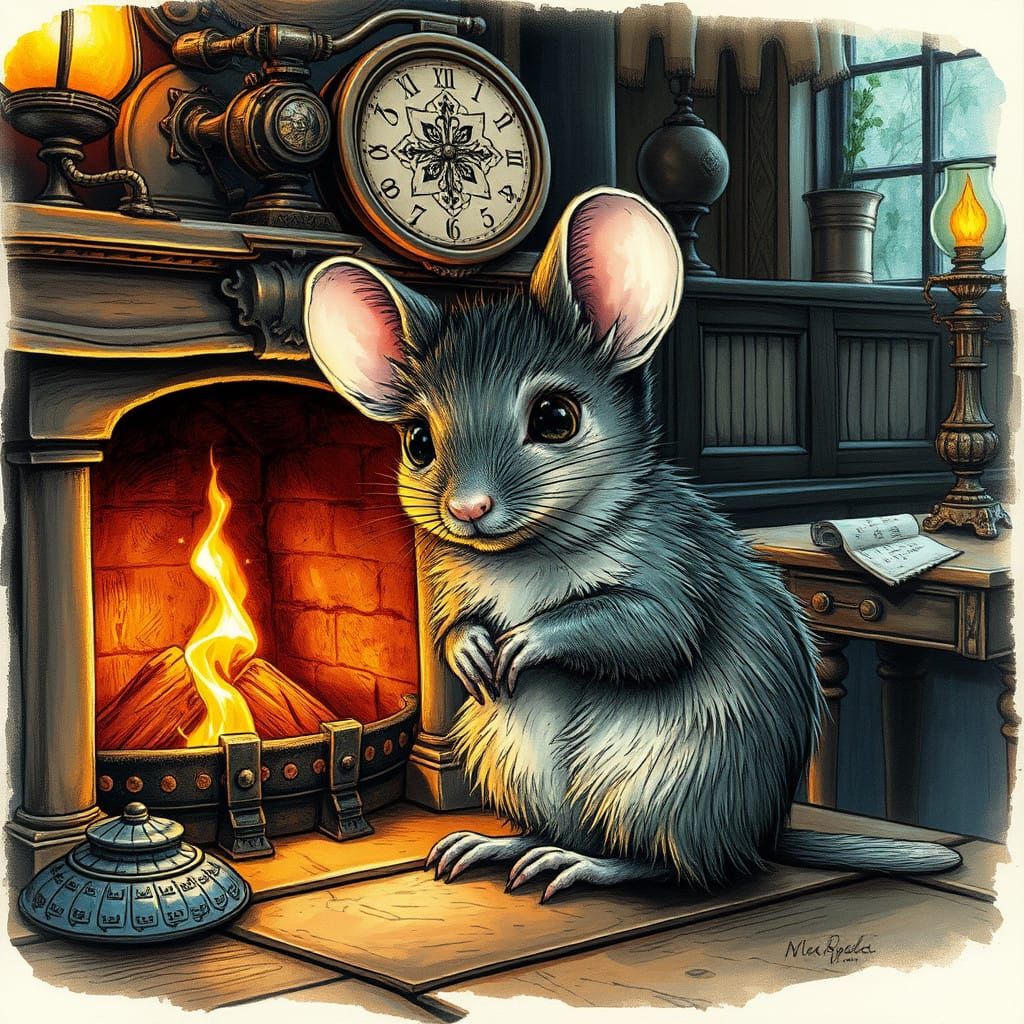 Steampunk Mouse by Victorian Pub Fireplace