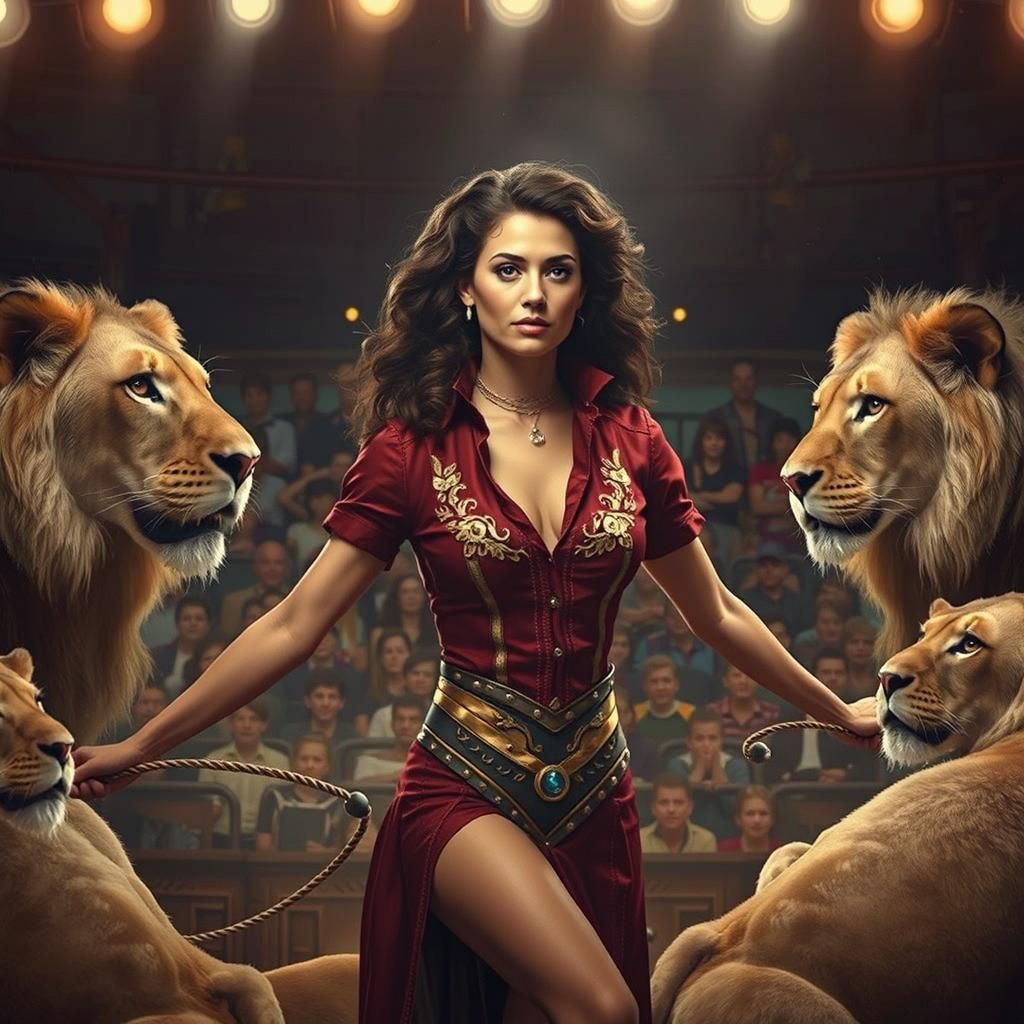 Female Lion Tamer Performing in Circus Ring