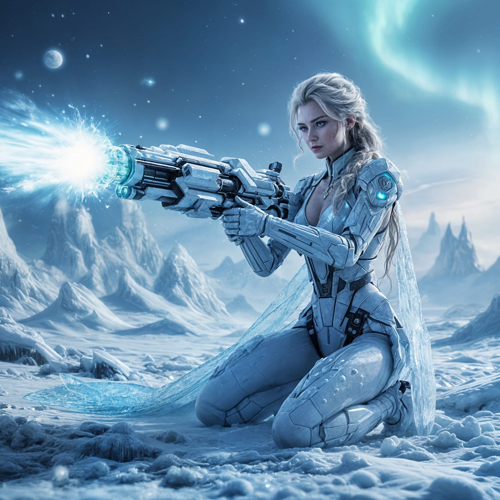 Futuristic Ice Queen with High-Tech Launcher