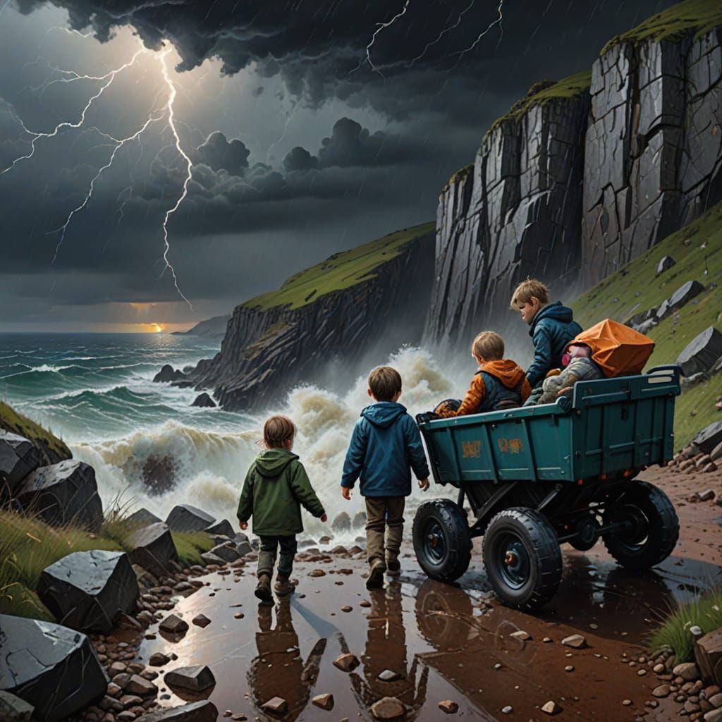 Children Diamond Hunting on Stormy Cliffside