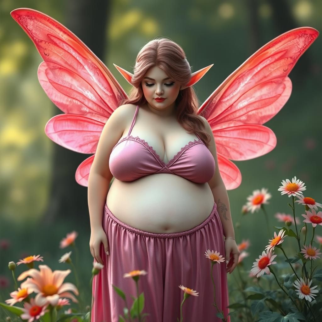 Curvy Elf with Fairy Wings Picking Flowers