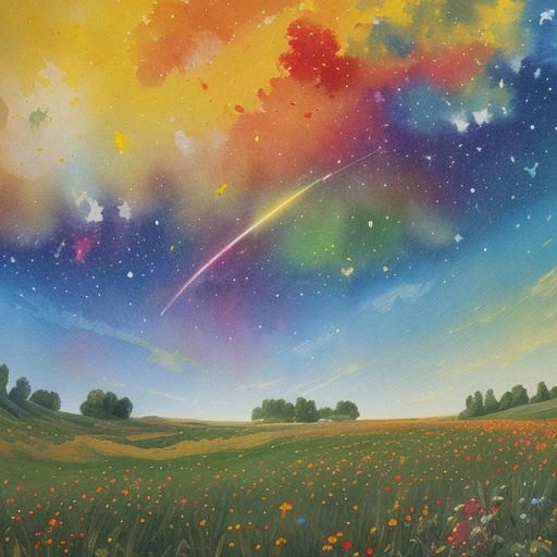 Colorful Comet Streaking Across Field in Gouache Style