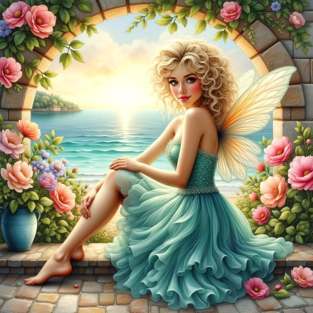 Ethereal Oil Painting of a Fairy on a Mediterranean Terrace
