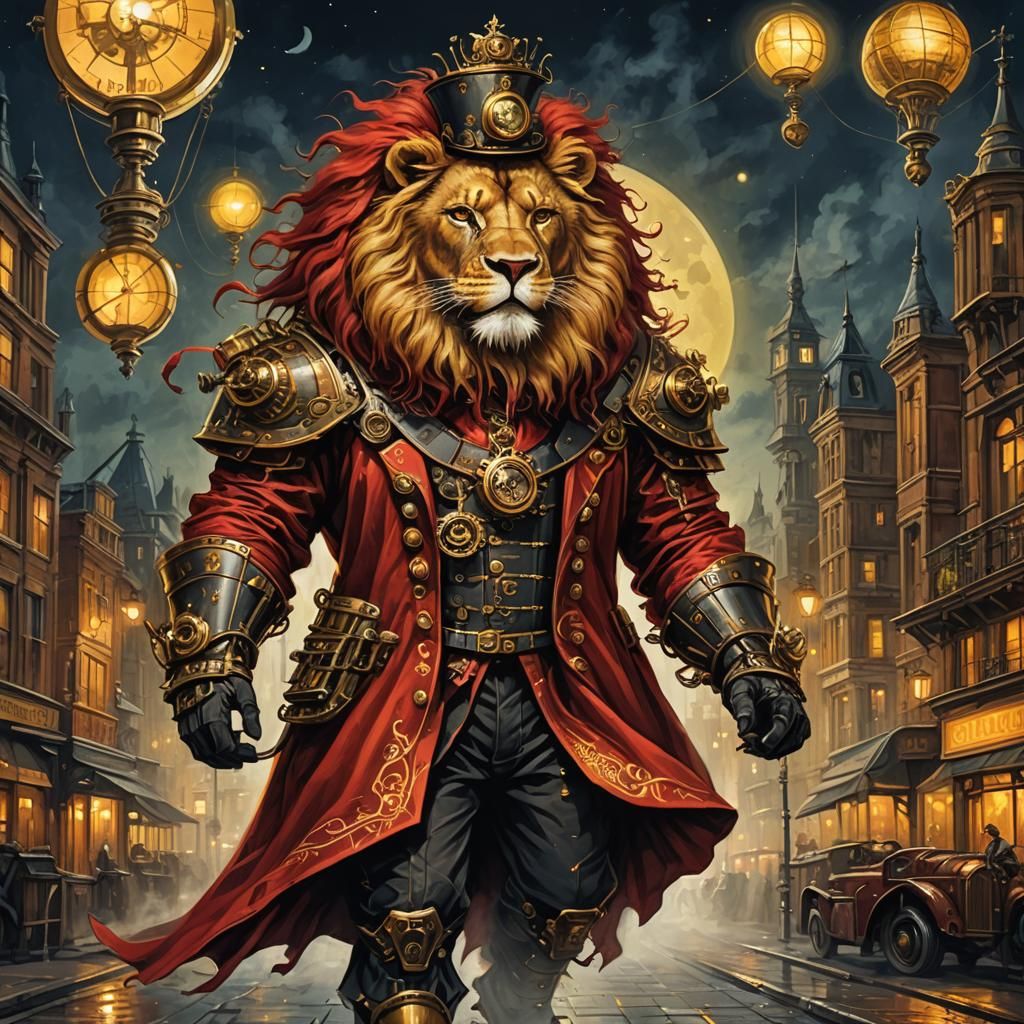Steampunk Lion in Red Robe, Oil Painting Style