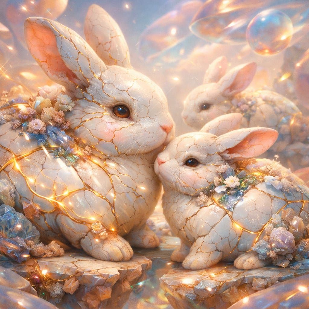 Surreal Bunnies on Fractured Porcelain in Vibrant Airbrushed...