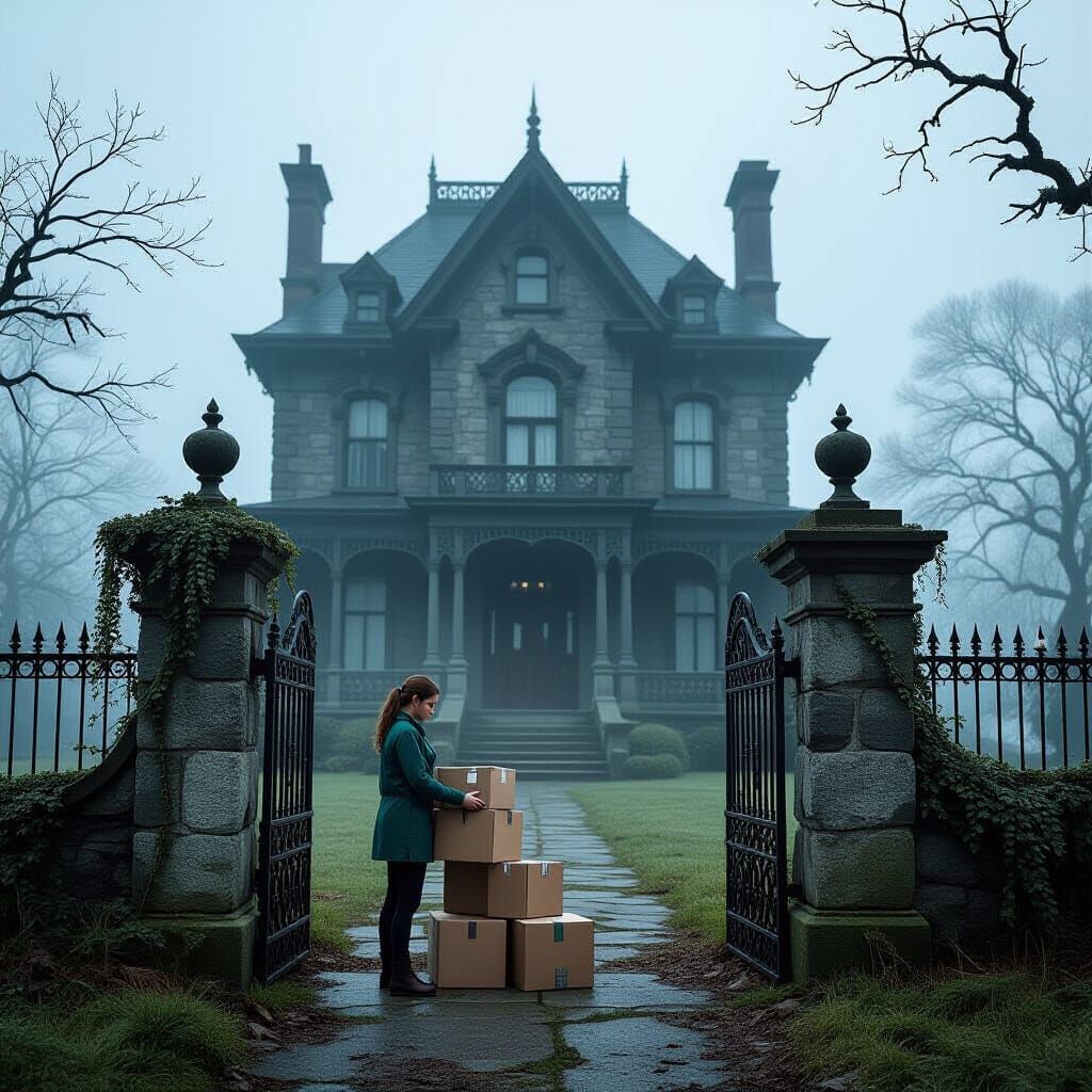 Delivery of Packages at the Gate of a Gothic Mansion