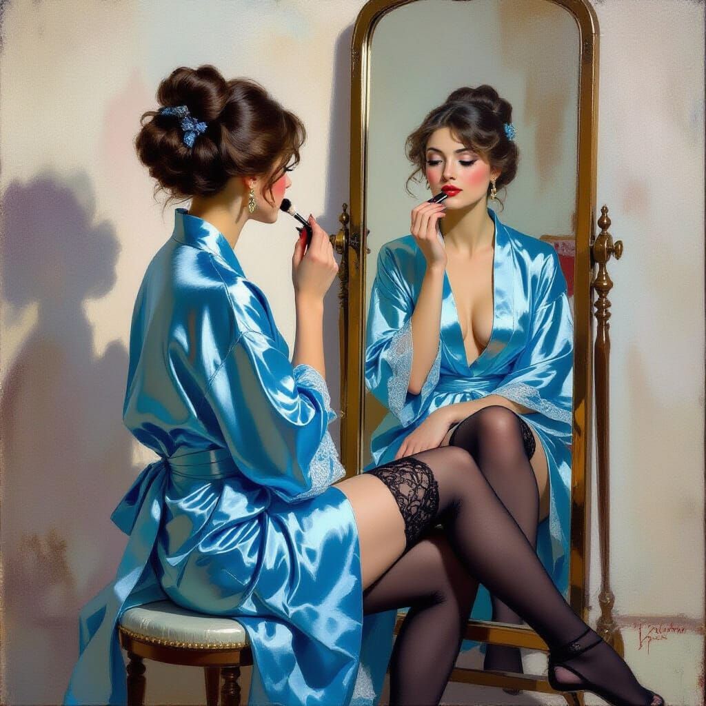 Woman Preparing in Blue Silk Robe as Impressionist Painting