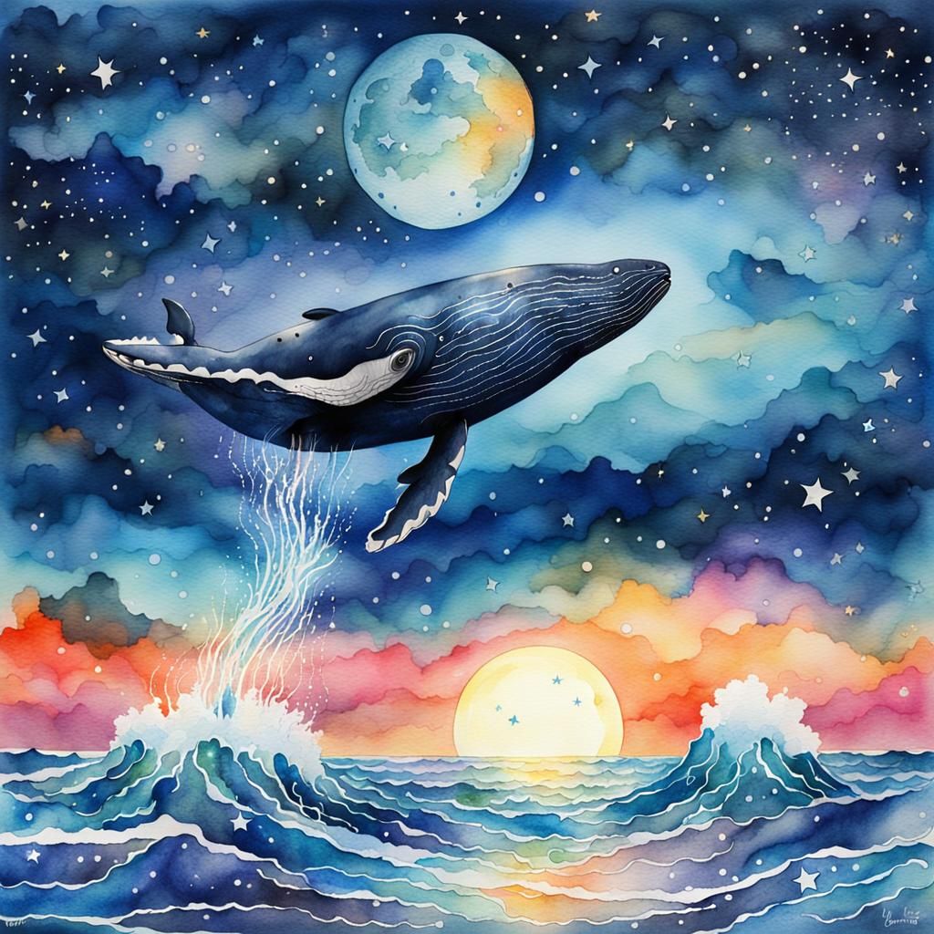 Watercolor Whale in a Galaxy Seascape