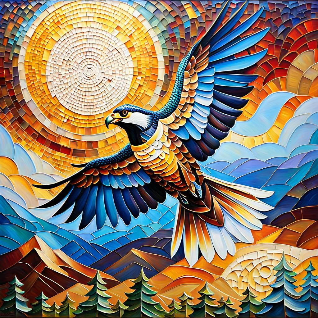 Falcon flying over a majestic landscape