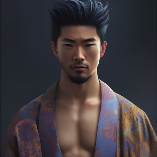 Handsome Japanese Man in Kimono, Detailed Portrait