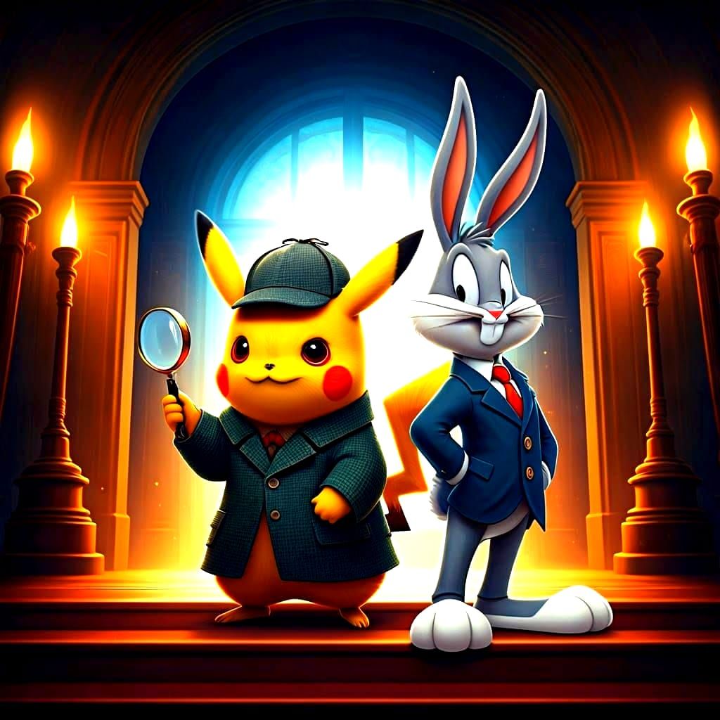 Pikachu and Bugs Bunny as Sherlock Holmes, 3D Render