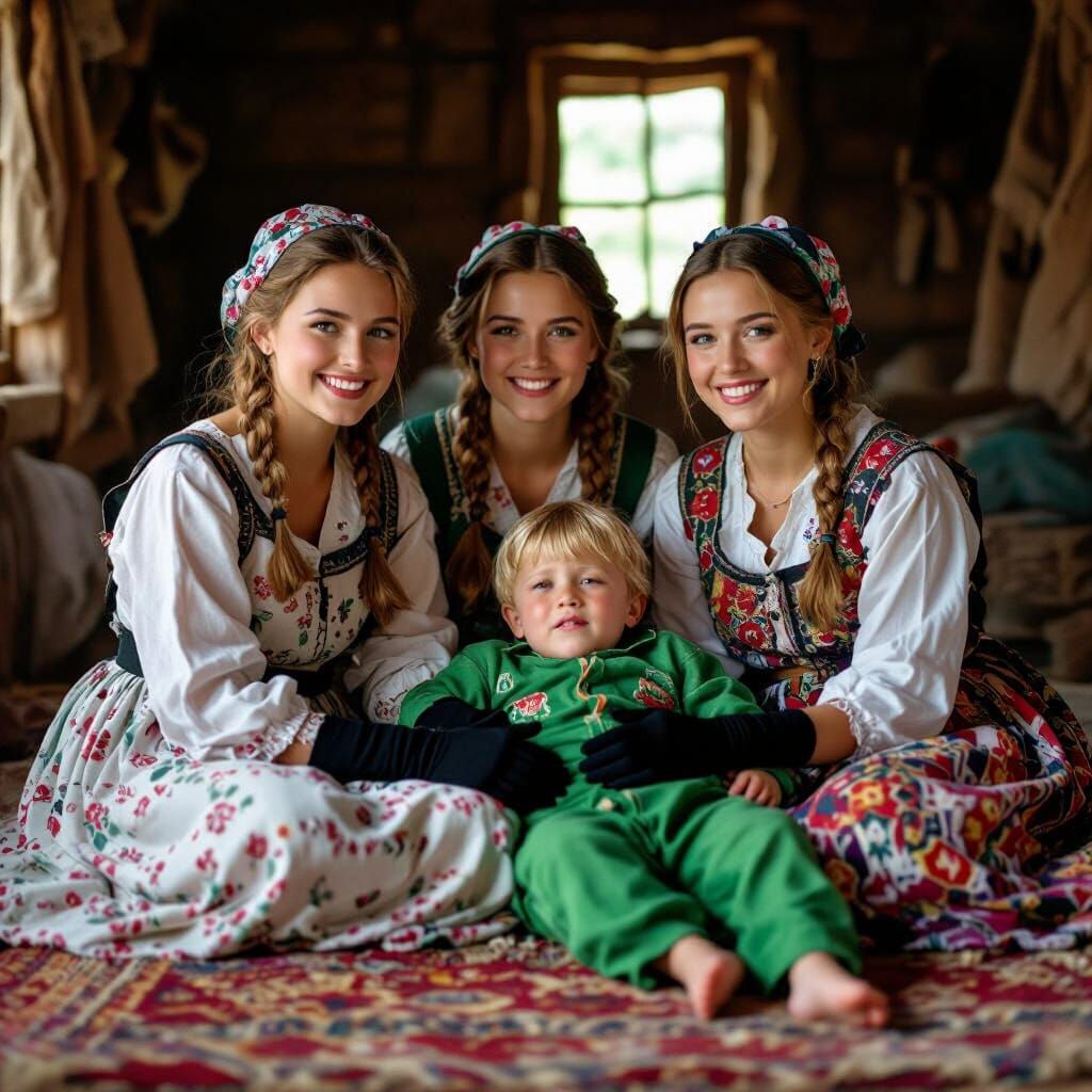 Village Women Comfort Crying Boy in Rustic Home