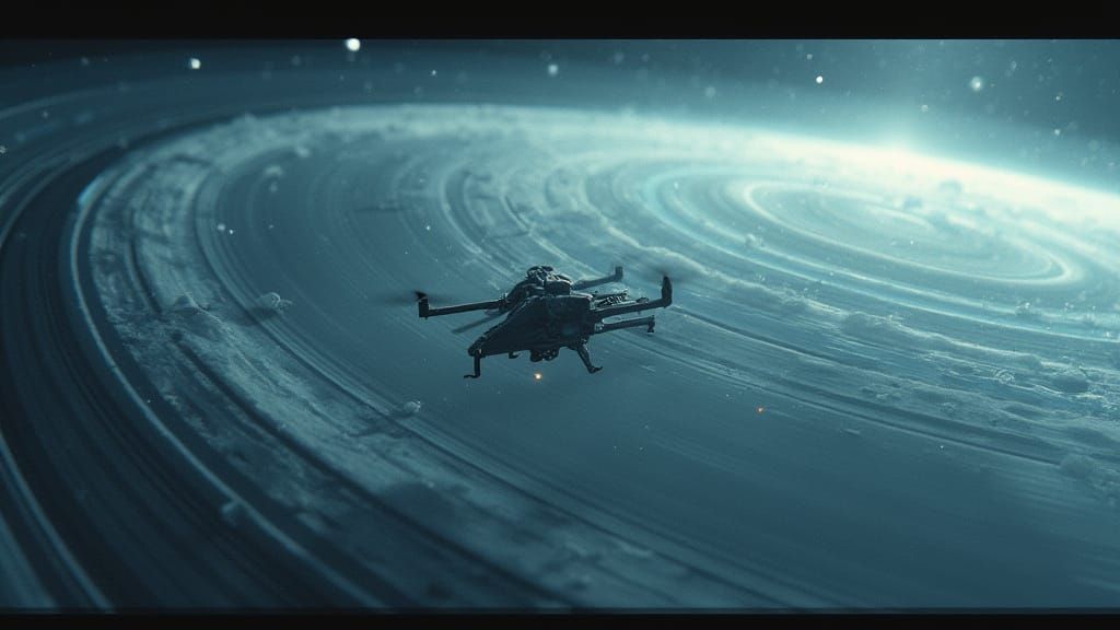 Cinematic Camera Gliding Through Icy Planetary Rings