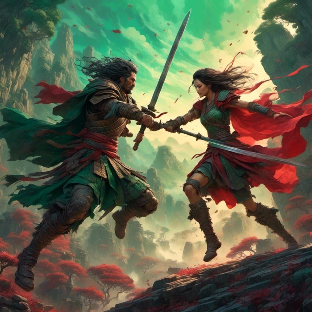 Fantasy Warriors Clash Swords in Mystical Duel