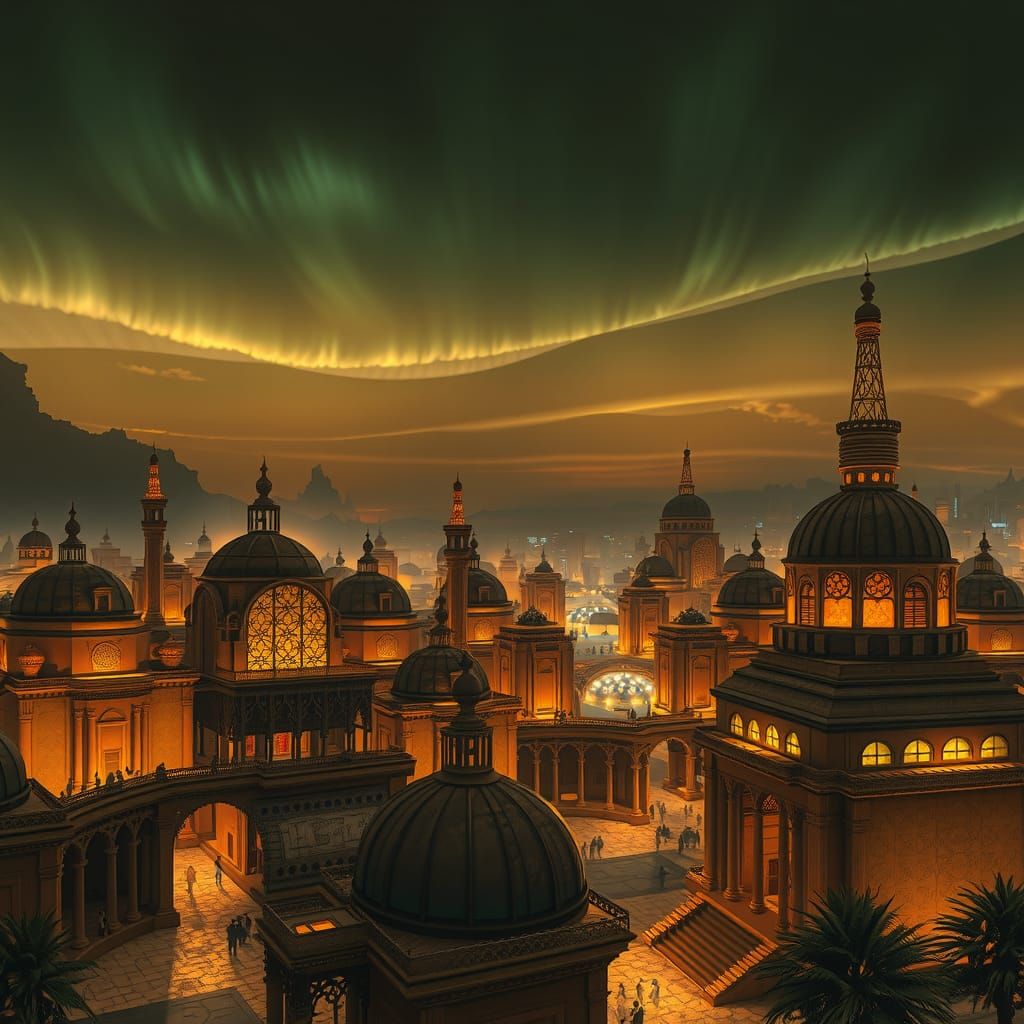 Golden Desert Cityscape with Steampunk Elements