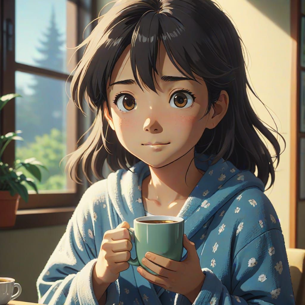 Comical Anime Character with Coffee (Ghibli Style)
