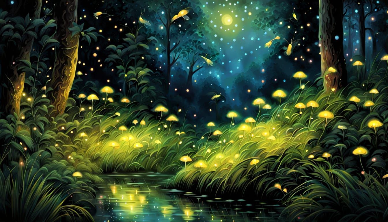 Glowing Fireflies Dance Under Iridescent Night Sky