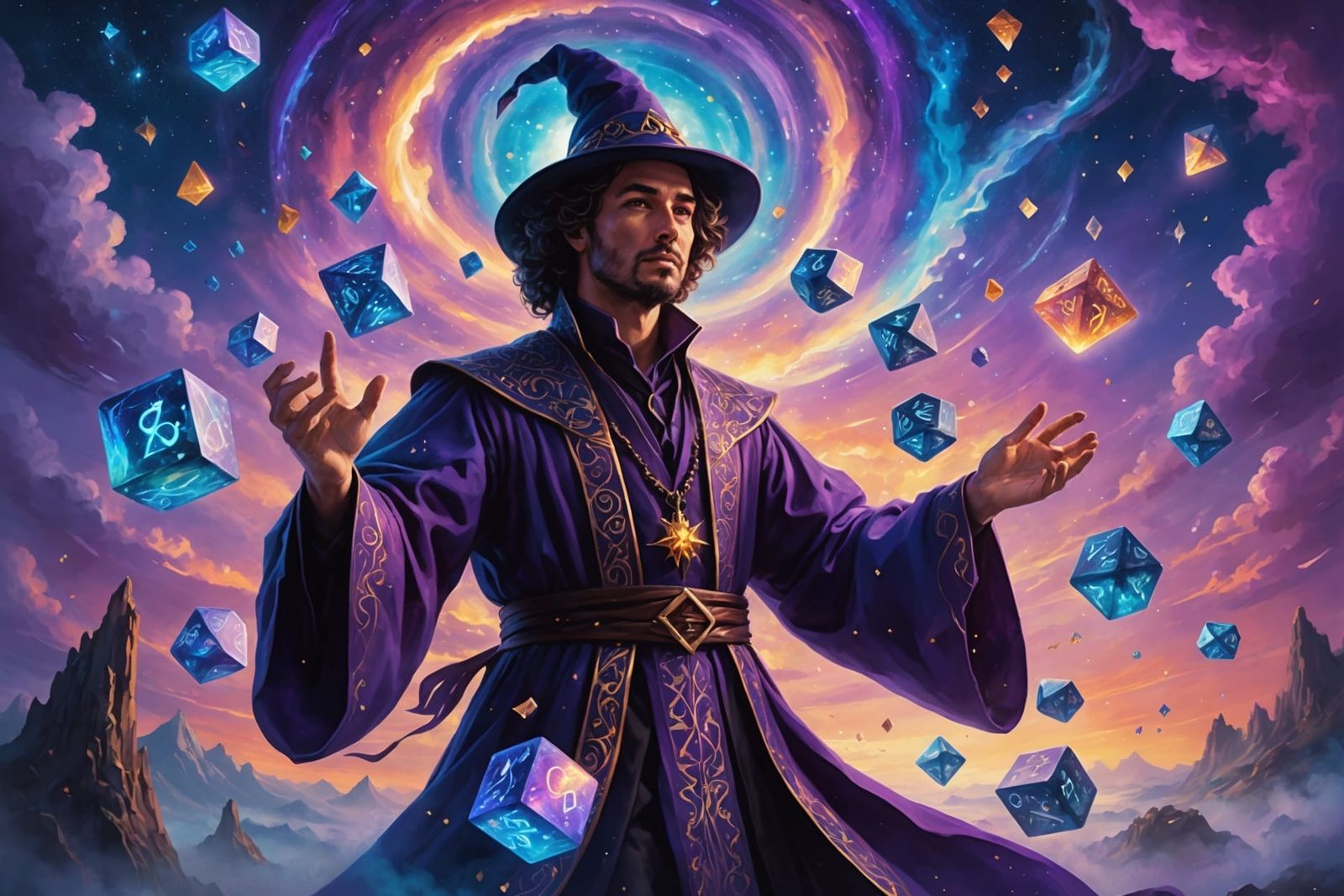 Dice Wizard Casting Spell in Surreal Oil Painting