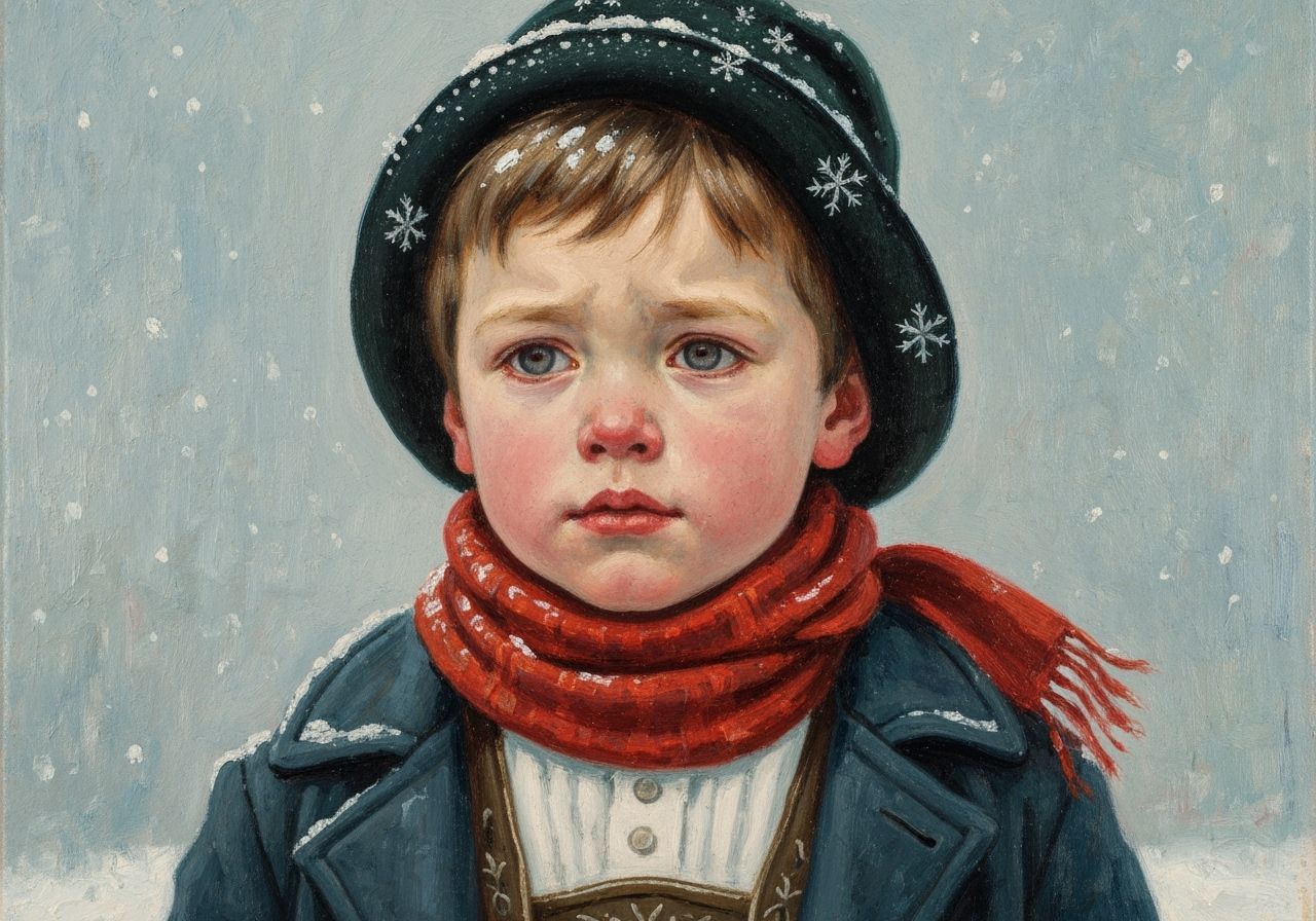 Expressionist Oil Painting of Young Bavarian Boy in Snow